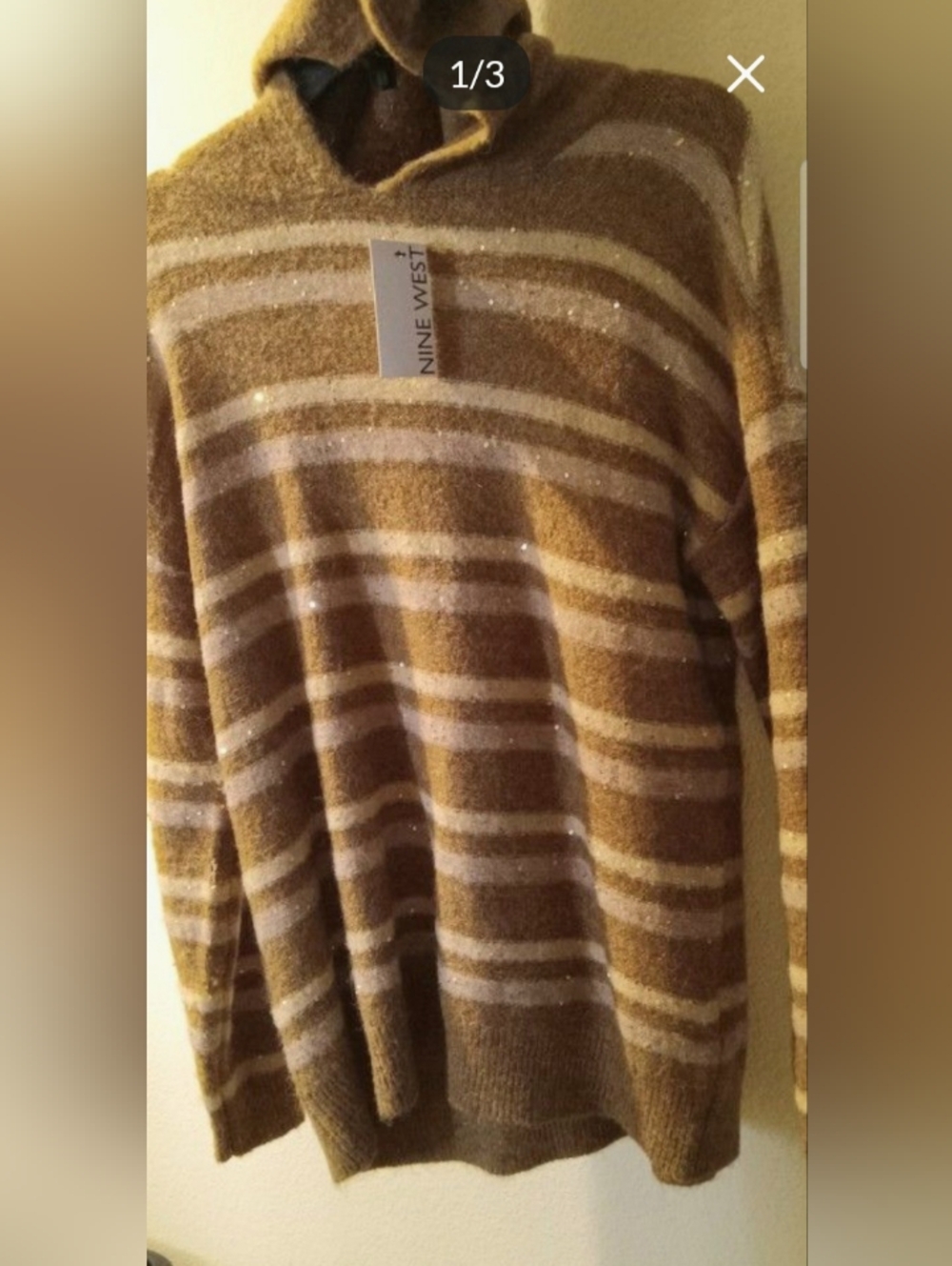 Nine West Striped Brown and Cream Knit Top With Shimmer And Hood